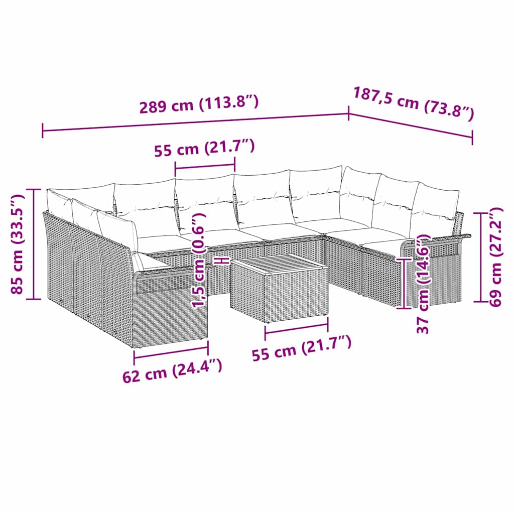 vidaXL Zestaw Sof na Ogród z poduszką 10 pcs Czarny polirattan