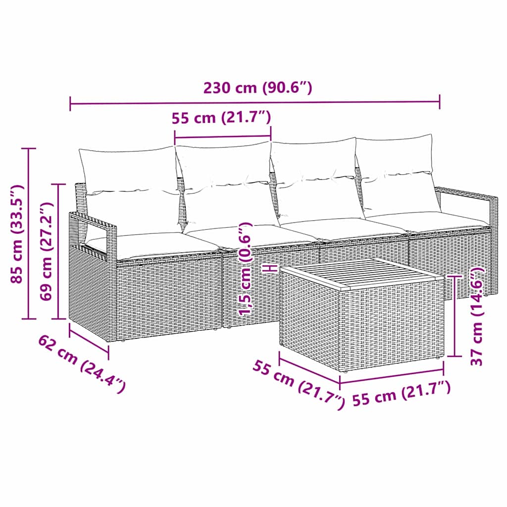 vidaXL Zestaw Sof na Ogród z poduszką 5 pcs Czarny polirattan