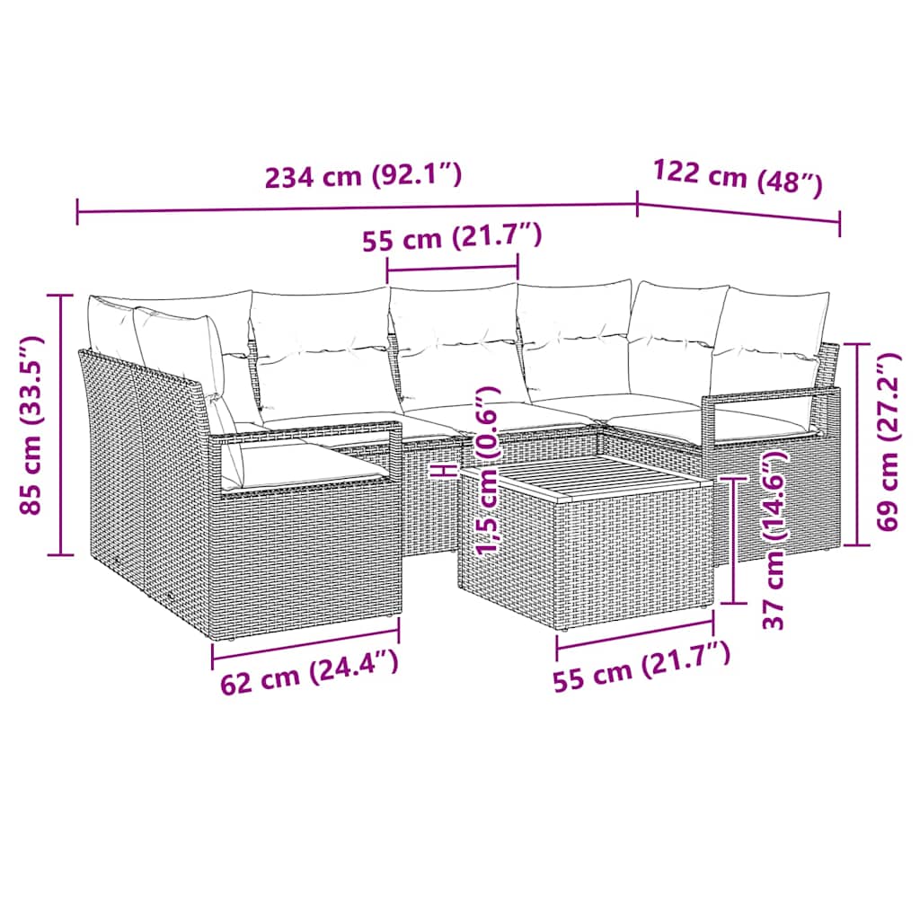 vidaXL Zestaw Sof na Ogród z poduszką 7 pcs Czarny polirattan