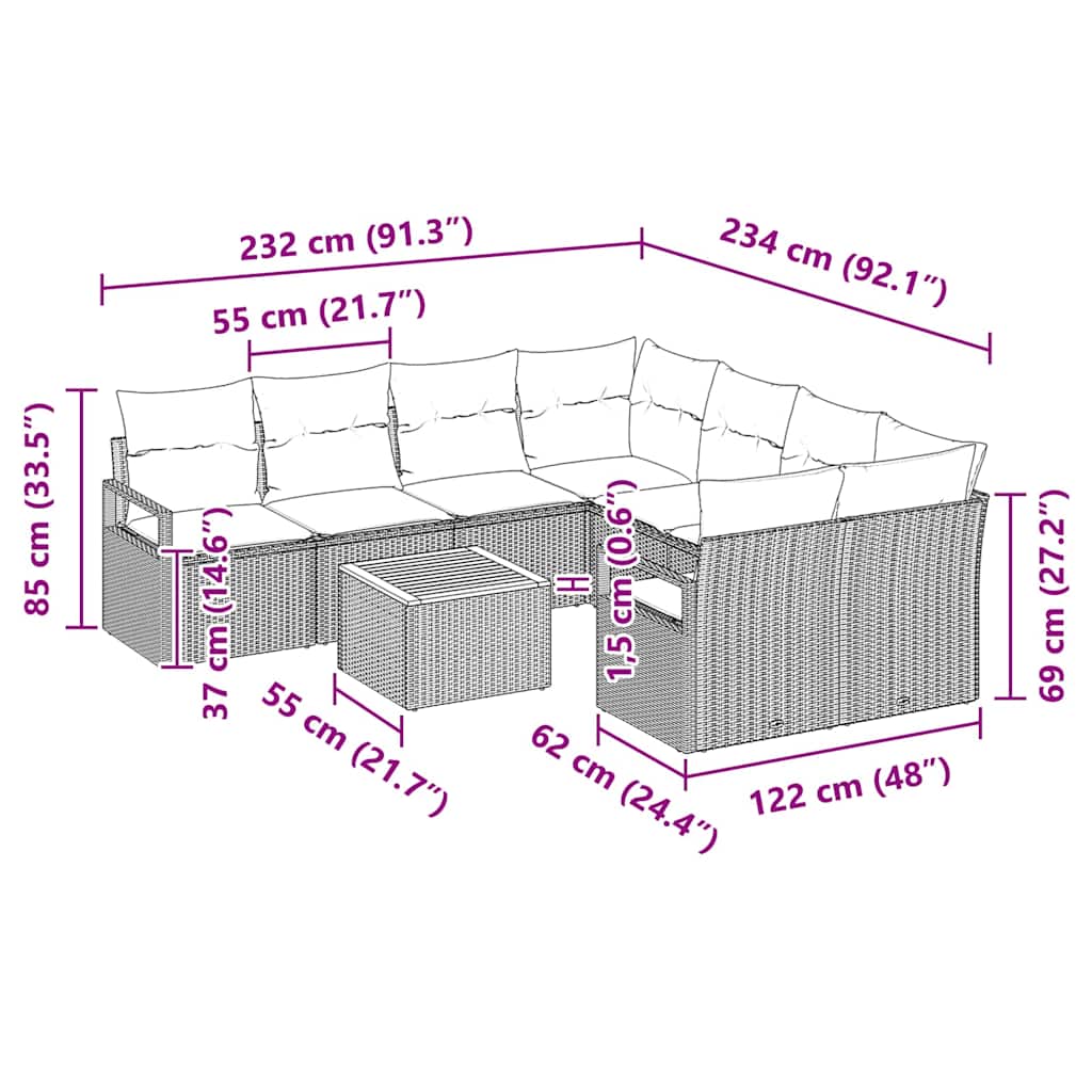 vidaXL Zestaw Sof na Ogród z poduszką 9 pcs Szary polirattan
