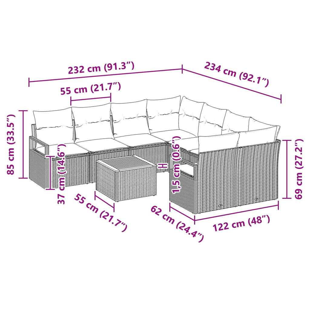 vidaXL Zestaw Sof na Ogród z poduszką 9 pcs Czarny polirattan