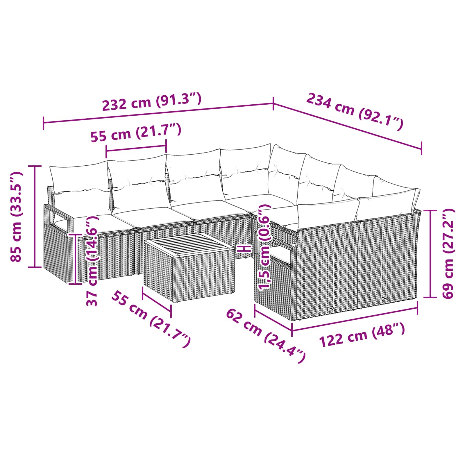 vidaXL Zestaw Sof na Ogród z poduszką 9 pcs Czarny polirattan