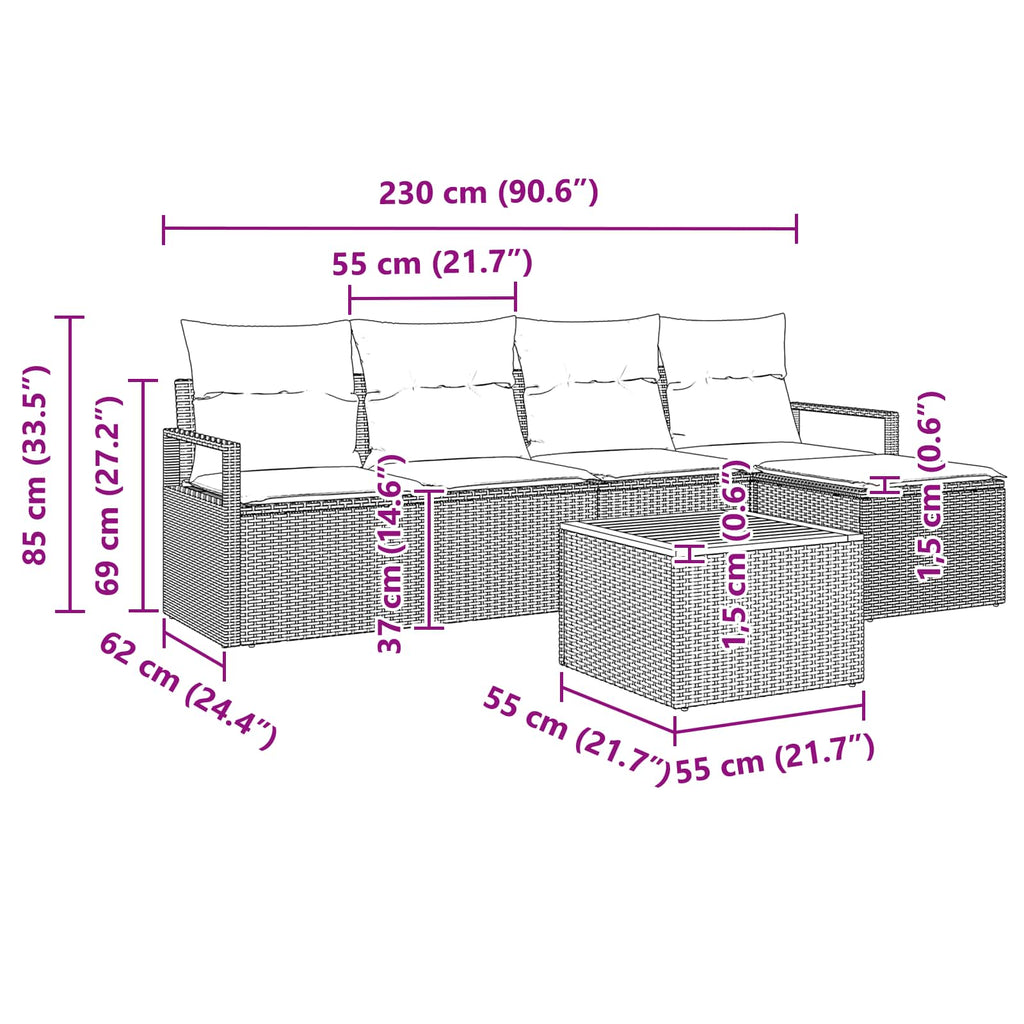 vidaXL Zestaw Sof na Ogród z poduszką 6 pcs Czarny polirattan