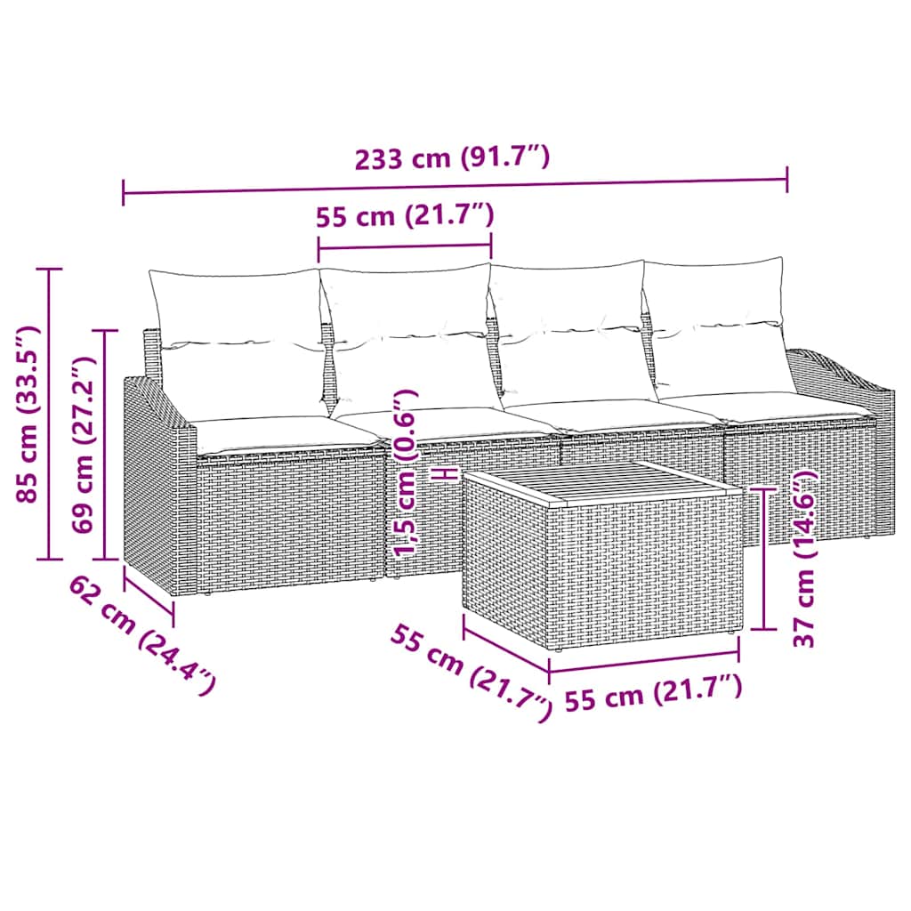 vidaXL Zestaw Sof na Ogród z poduszką 5 pcs Czarny polirattan
