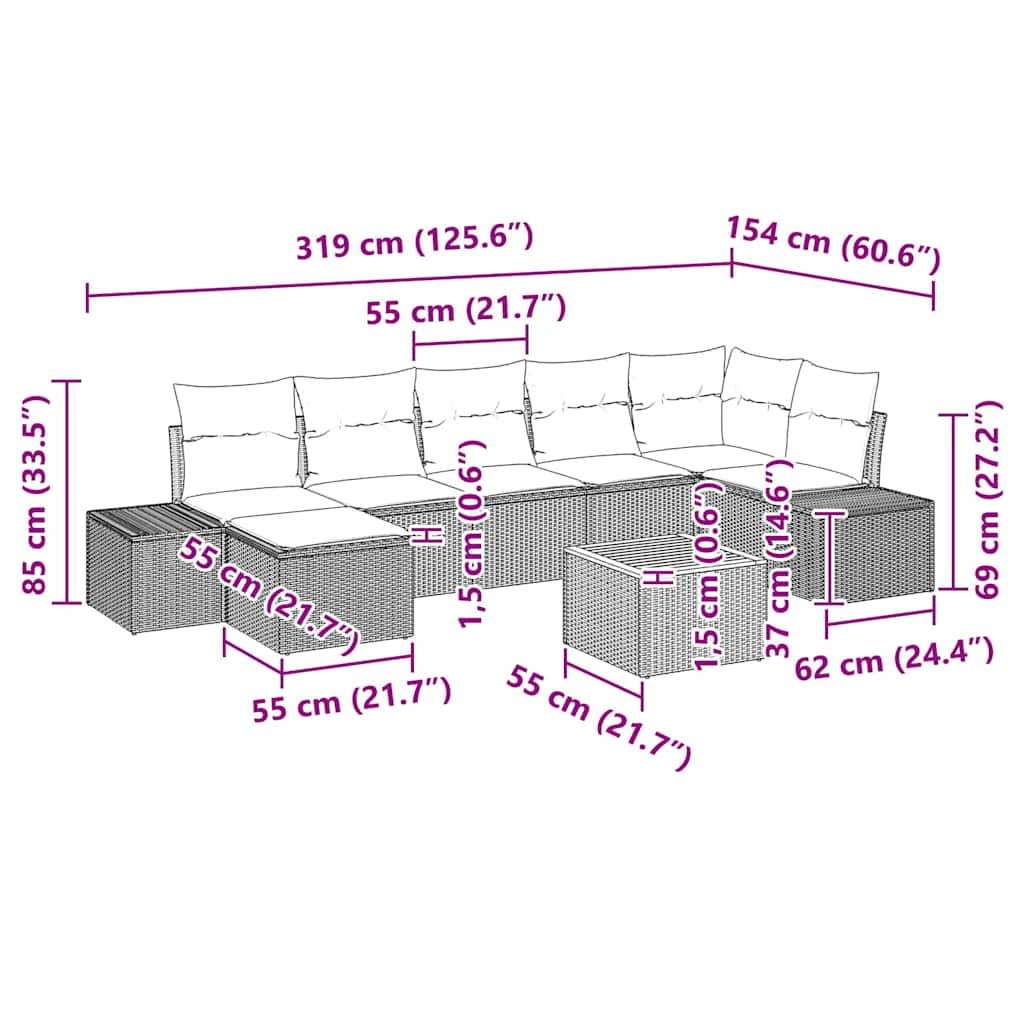 vidaXL Zestaw Sof na Ogród z poduszką 8 pcs Szary polirattan