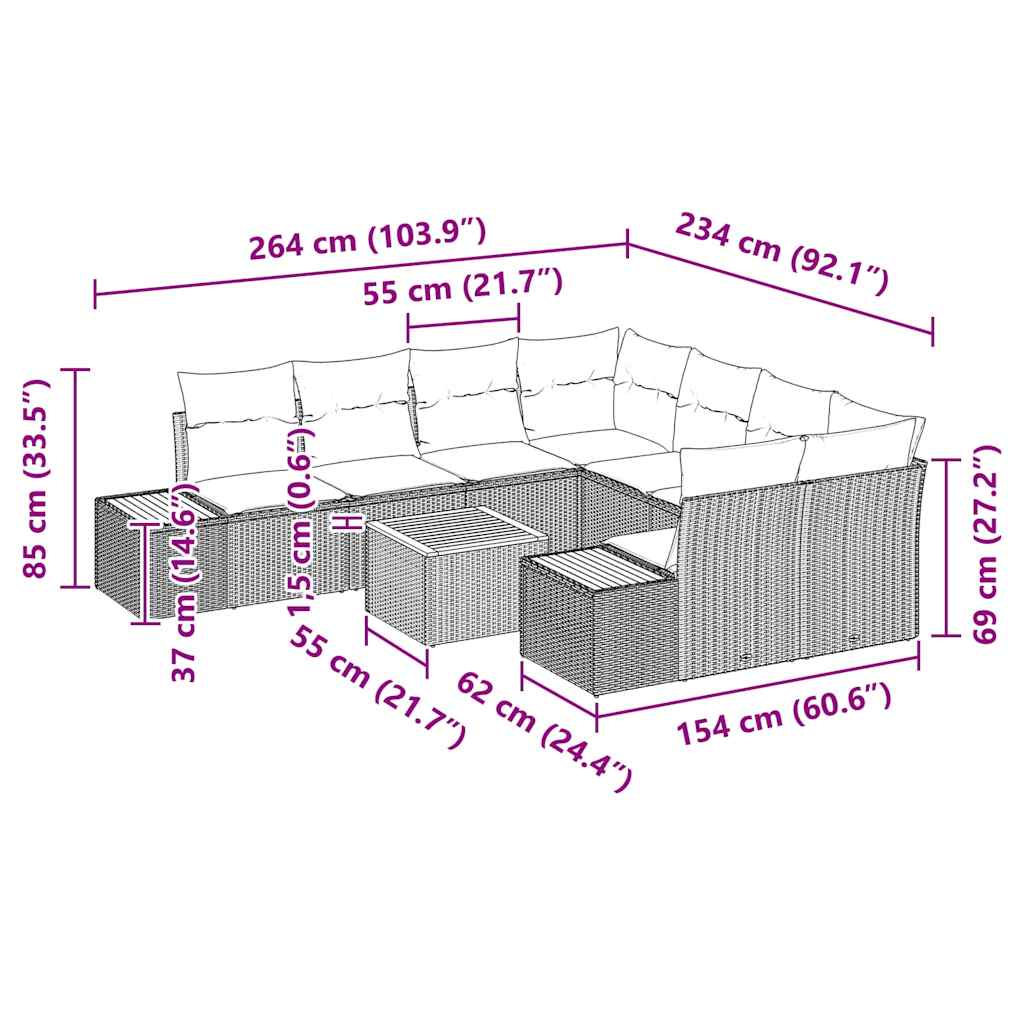 vidaXL Zestaw Sof na Ogród z poduszką 9 pcs Beżowy Polirattan