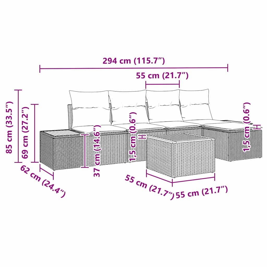 vidaXL Zestaw Sof na Ogród z poduszką 6 pcs Czarny Polirattan