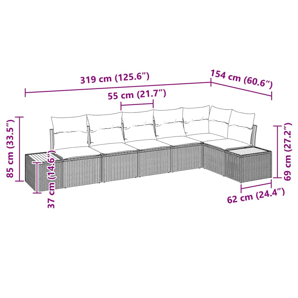 vidaXL Zestaw Sof na Ogród z poduszką 6 pcs Czarny Polirattan