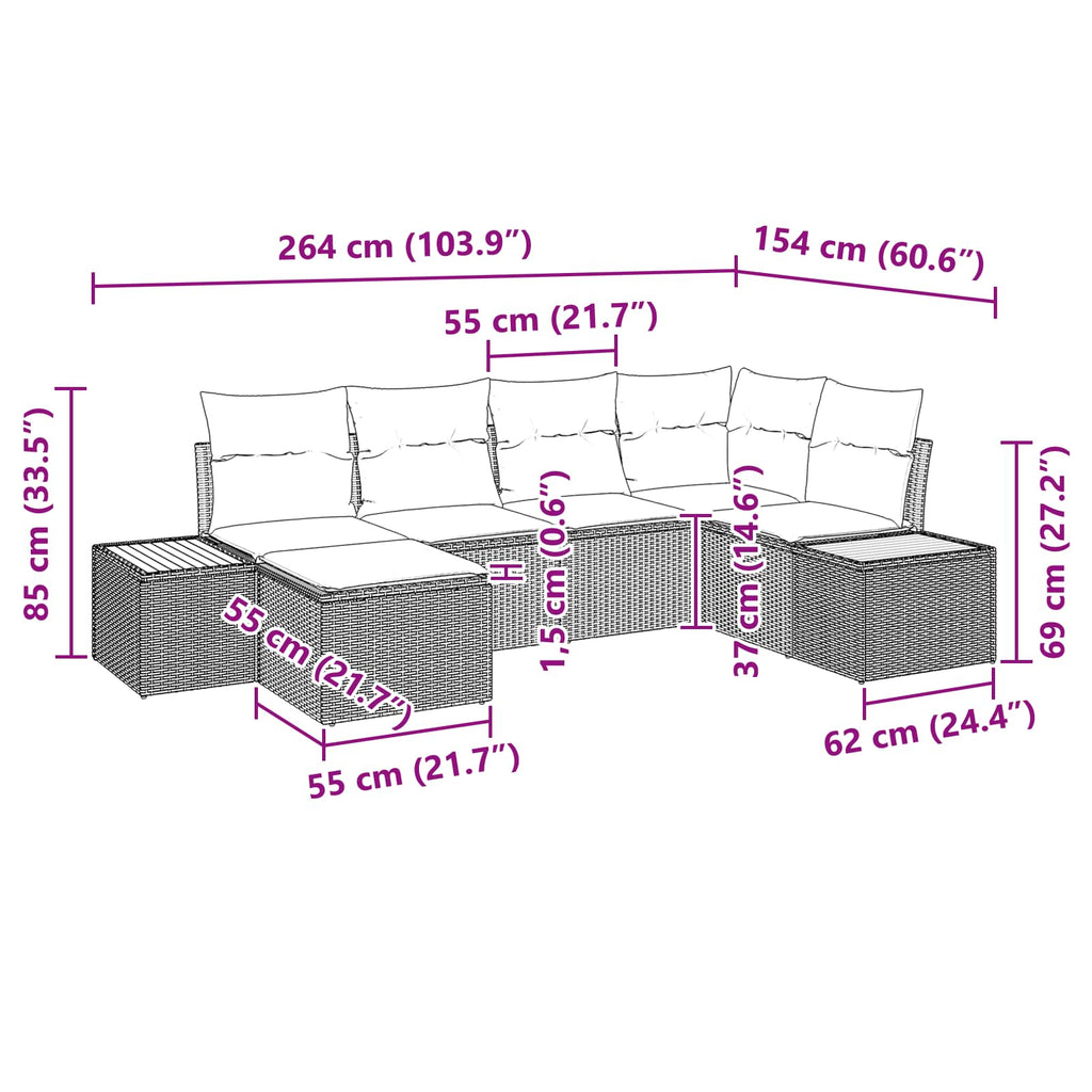 vidaXL Zestaw Sof na Ogród z poduszką 6 pcs Czarny polirattan