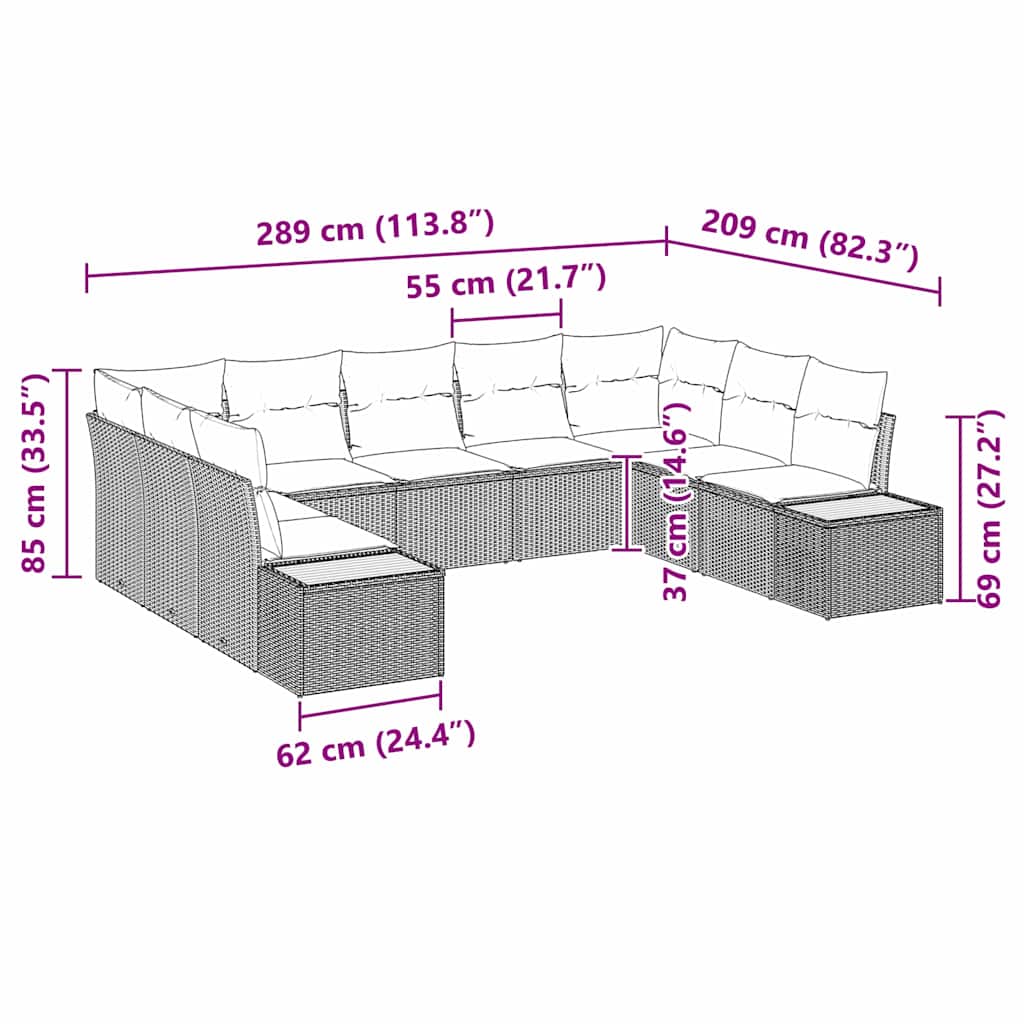 vidaXL Zestaw Sof na Ogród z poduszką 9 pcs Czarny Polirattan