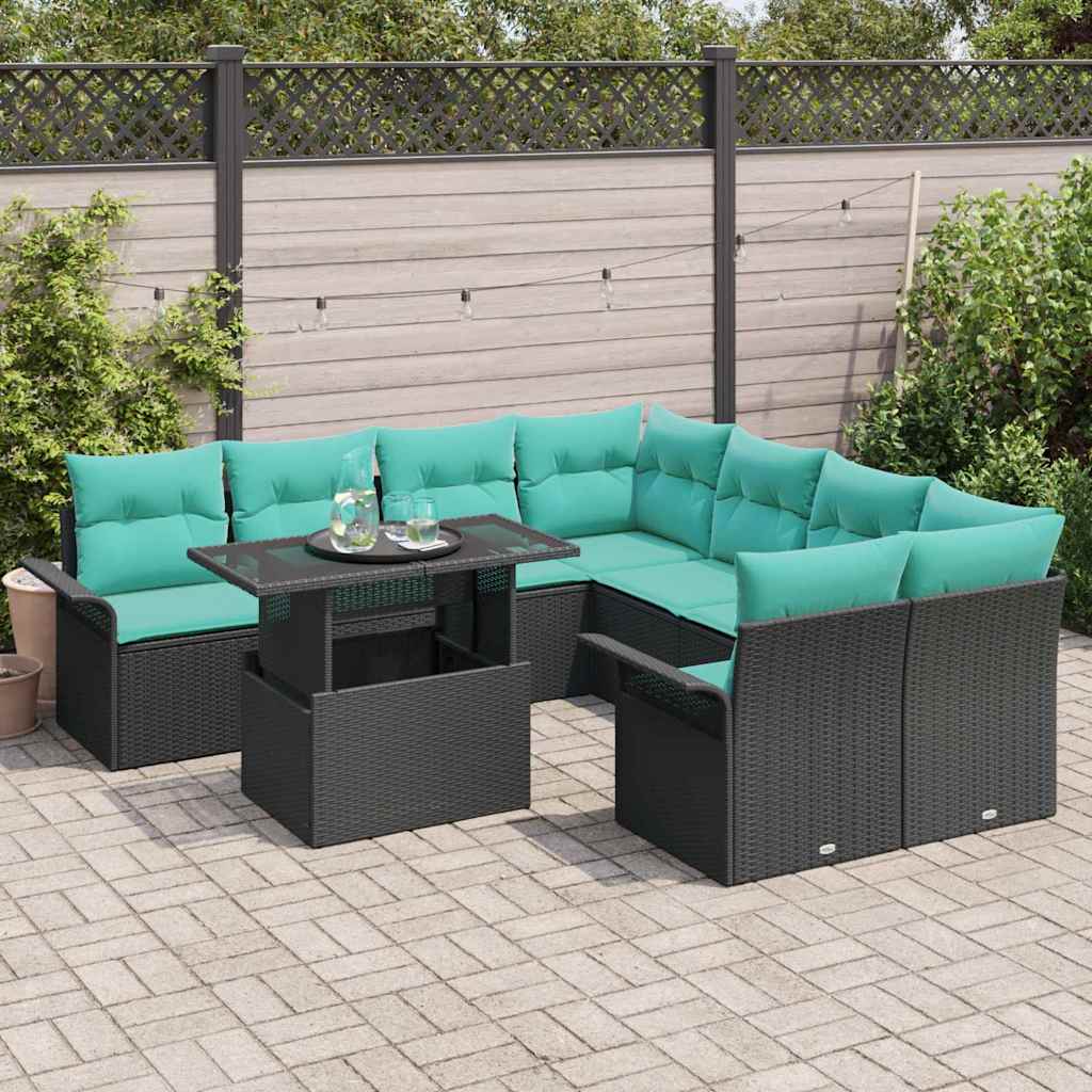 vidaXL Zestaw Sof na Ogród z poduszką 9 pcs Czarny Polirattan