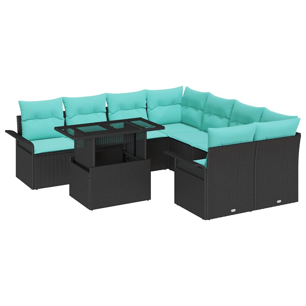 vidaXL Zestaw Sof na Ogród z poduszką 9 pcs Czarny Polirattan