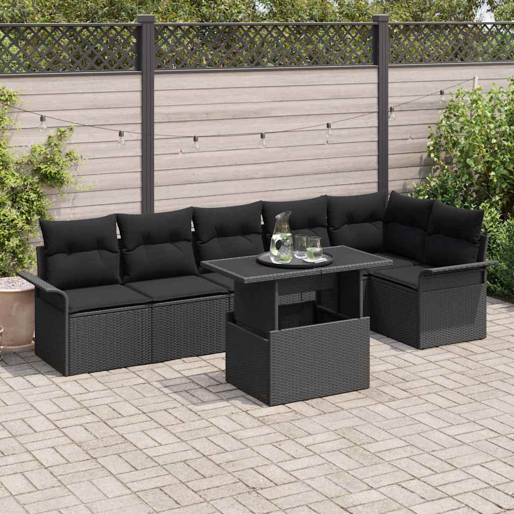 vidaXL Zestaw Sof na Ogród z poduszką 7 pcs Czarny Polirattan
