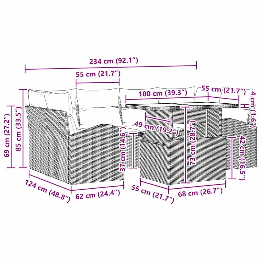 vidaXL Zestaw Sof na Ogród z poduszką 7 pcs Szary Polirattan