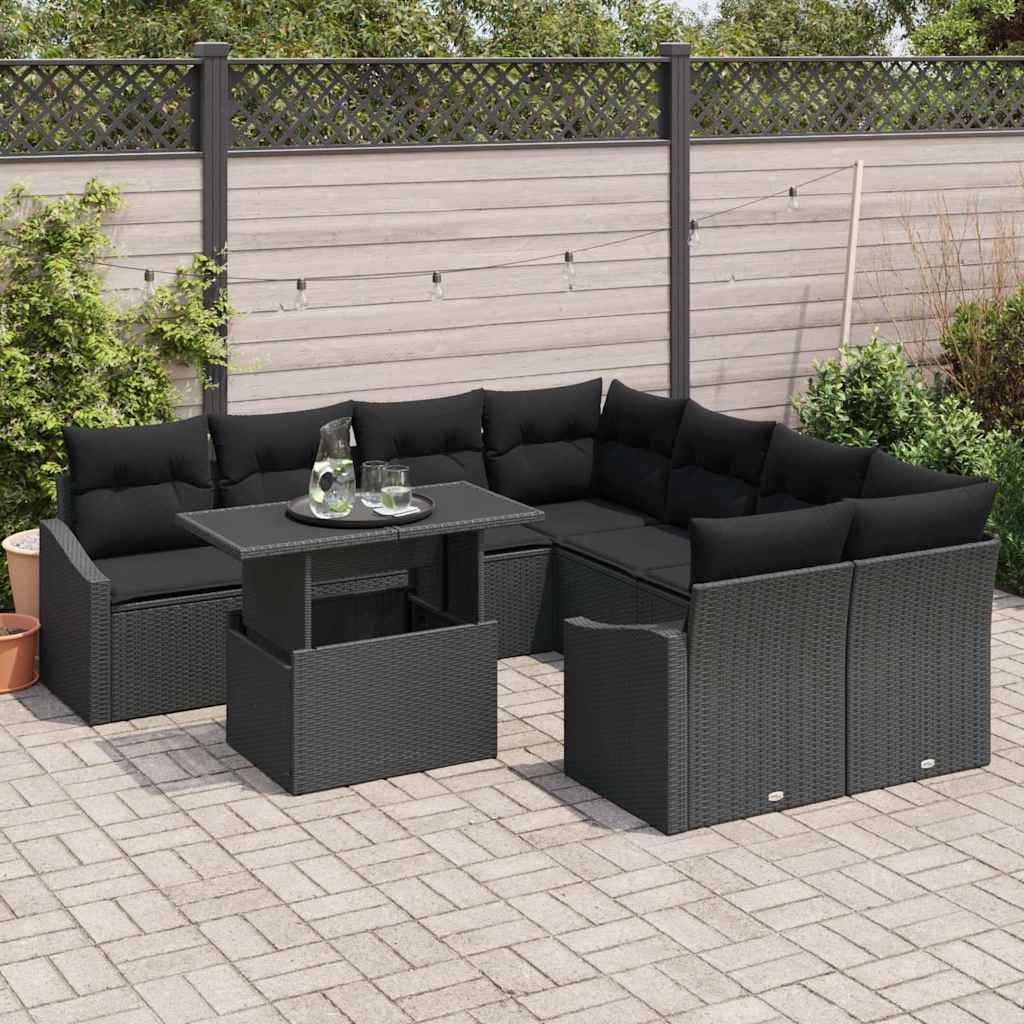 vidaXL Zestaw Sof na Ogród z poduszką 9 pcs Czarny polirattan