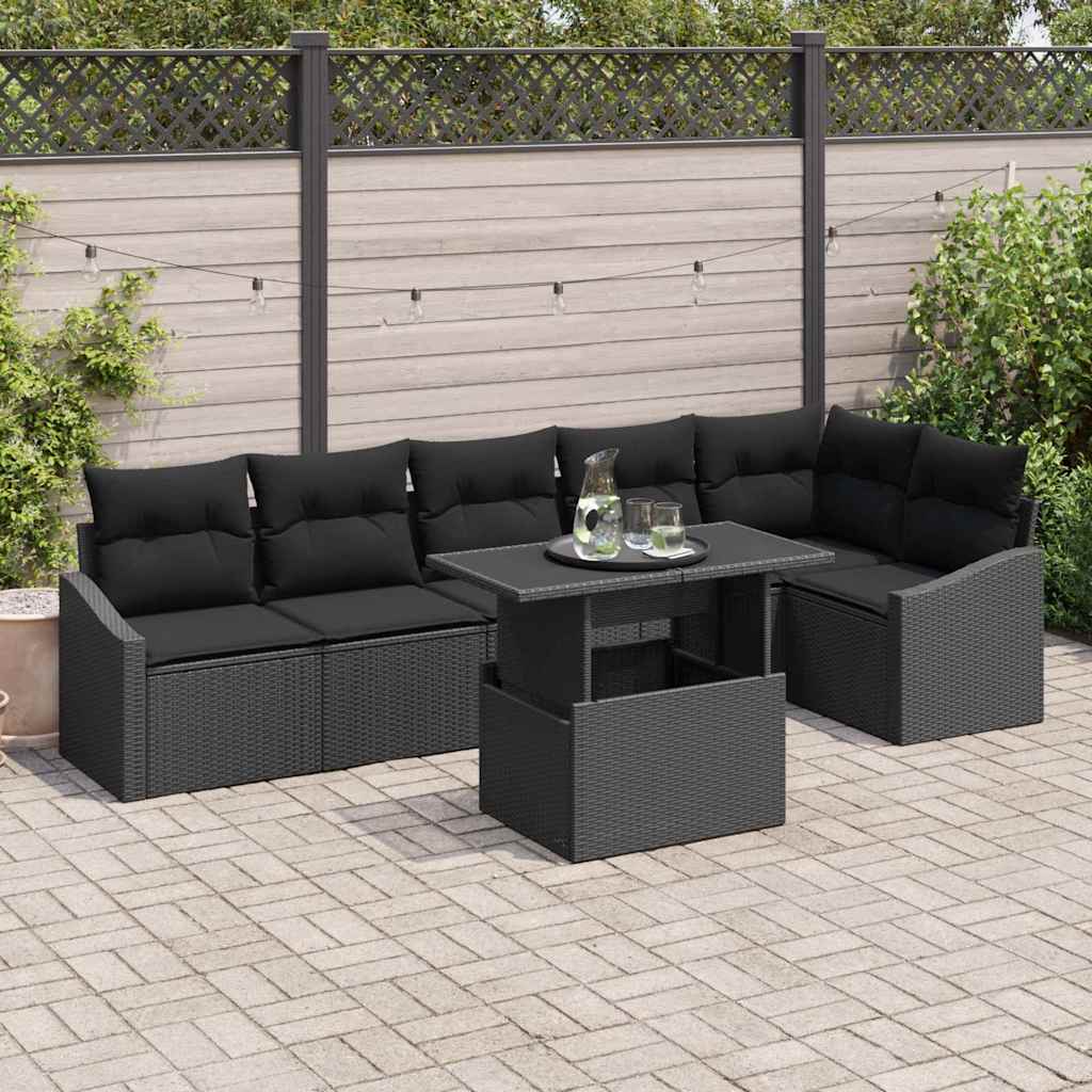 vidaXL Zestaw Sof na Ogród z poduszką 7 pcs Czarny polirattan