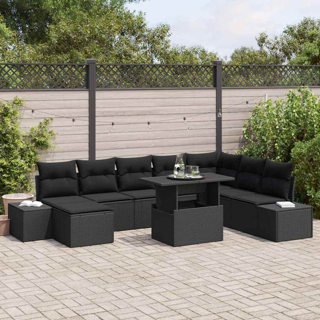 vidaXL Zestaw Sof na Ogród z poduszką 9 pcs Czarny polirattan