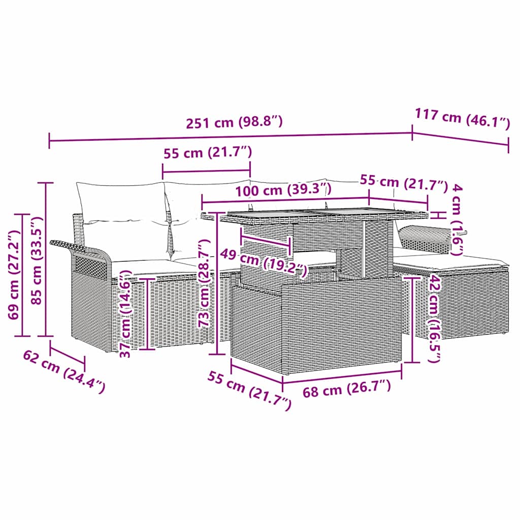 vidaXL Zestaw Sof na Ogród z poduszką 6 pcs beżowo-jasnoszary