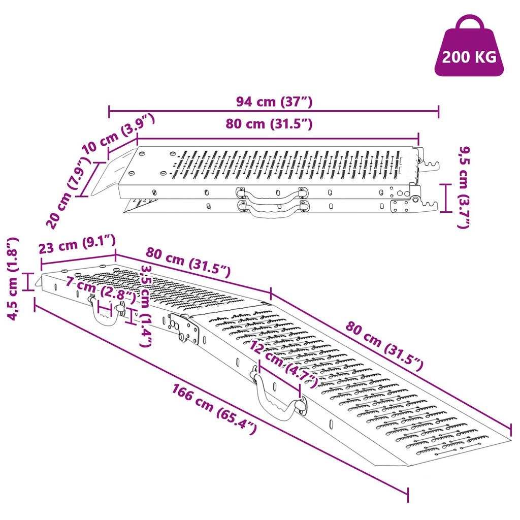 vidaXL Składana rampa 200kg na rampę 2 pcs Srebrny 166 x 23 x 4,5 cm