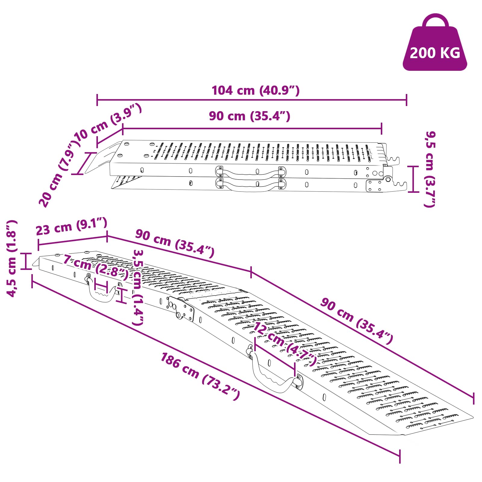 vidaXL Składana rampa 200kg na rampę Srebrny 186 x 23 x 4,5 cm