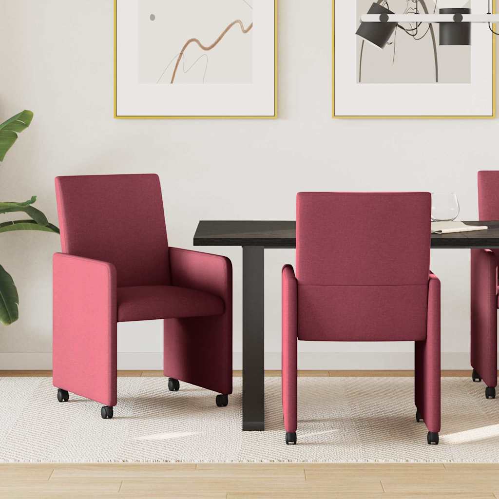 vidaXL Krzesełka jadalne na kółkach 2 pcs czerwone wino tkanina