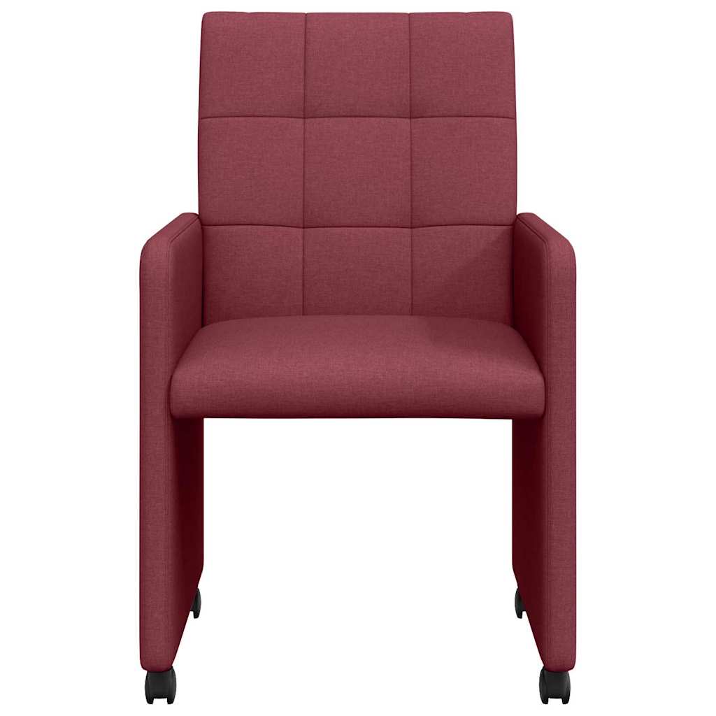 vidaXL Krzesełka jadalne na kółkach 2 pcs czerwone wino tkanina