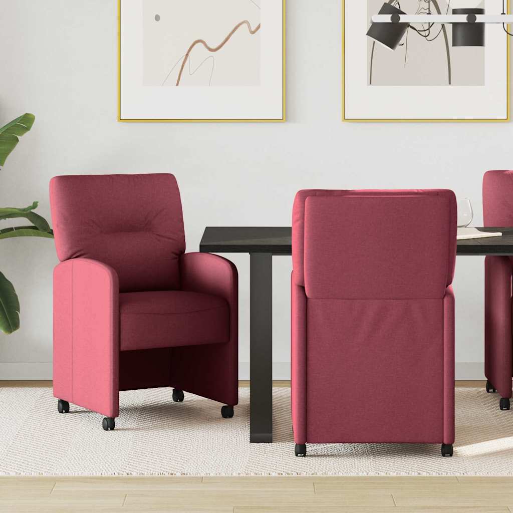 vidaXL Krzesełka jadalne na kółkach 2 pcs czerwone wino tkanina