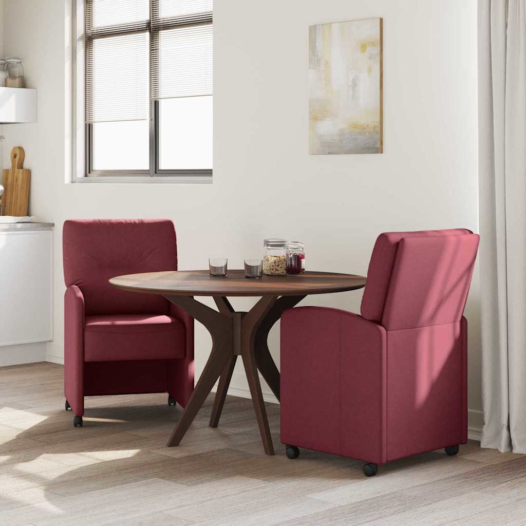 vidaXL Krzesełka jadalne na kółkach 2 pcs czerwone wino tkanina