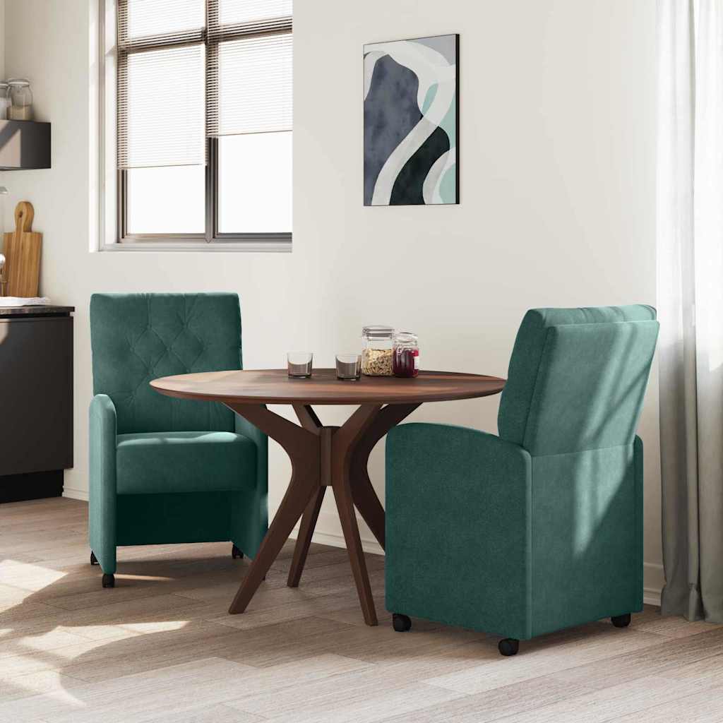 vidaXL Krzesełka jadalne na kółkach 2 pcs Ciemnozielony Aksamit