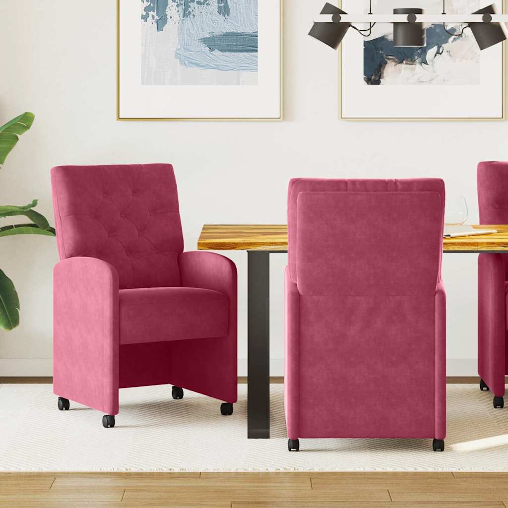 vidaXL Krzesełka jadalne na kółkach 2 pcs czerwone wino Aksamit