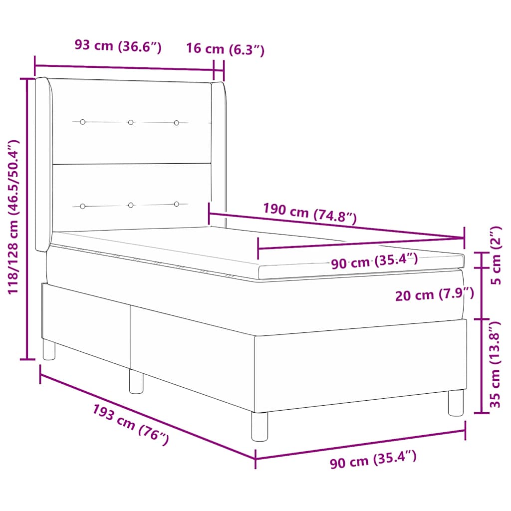 vidaXL Łóżko sprężynowe Z zagłówkiem Niebieski 90 x 190 cm tkanina
