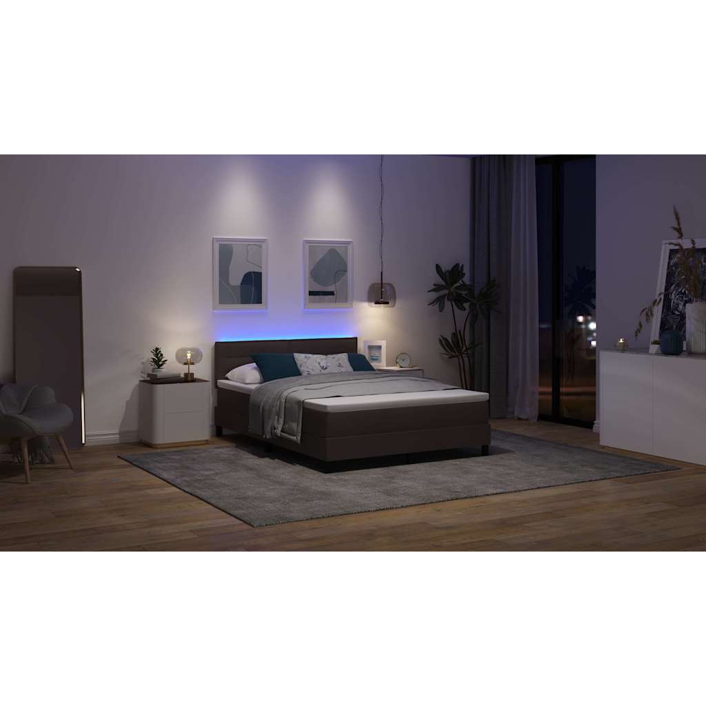 vidaXL Łóżko sprężynowe z paskami LED Ciemny brąz 140 x 200 cm tkanina