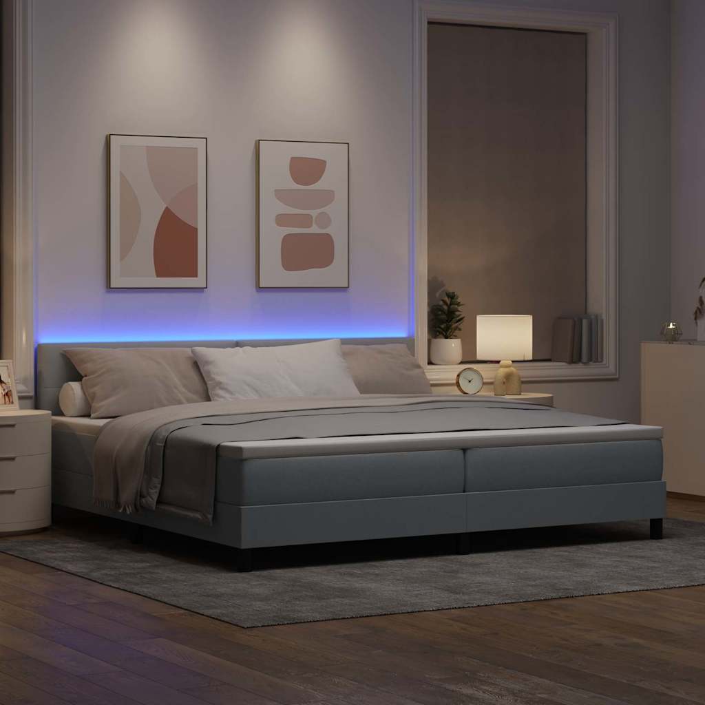 vidaXL Łóżko sprężynowe z paskami LED Jasnoszary 200 x 200 cm tkanina