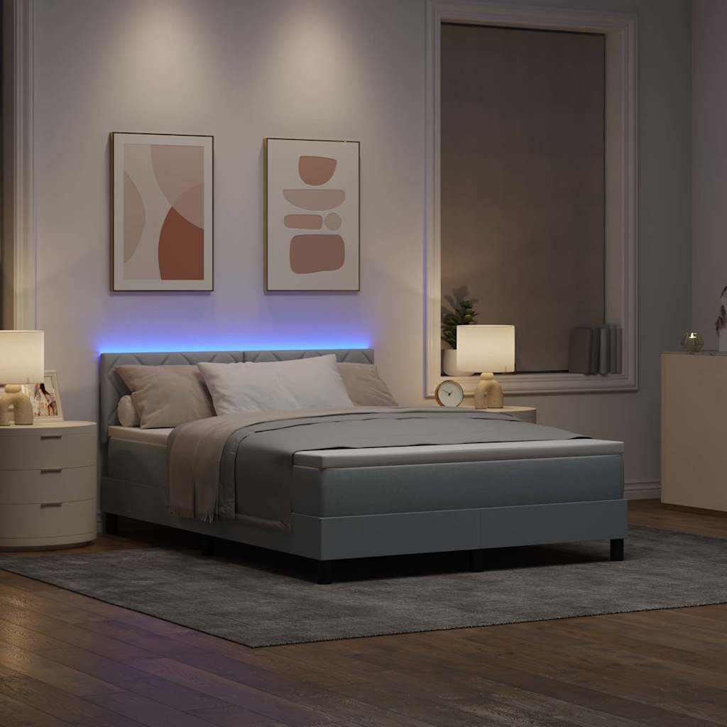 vidaXL Łóżko sprężynowe z paskami LED Jasnoszary 140 x 190 cm tkanina