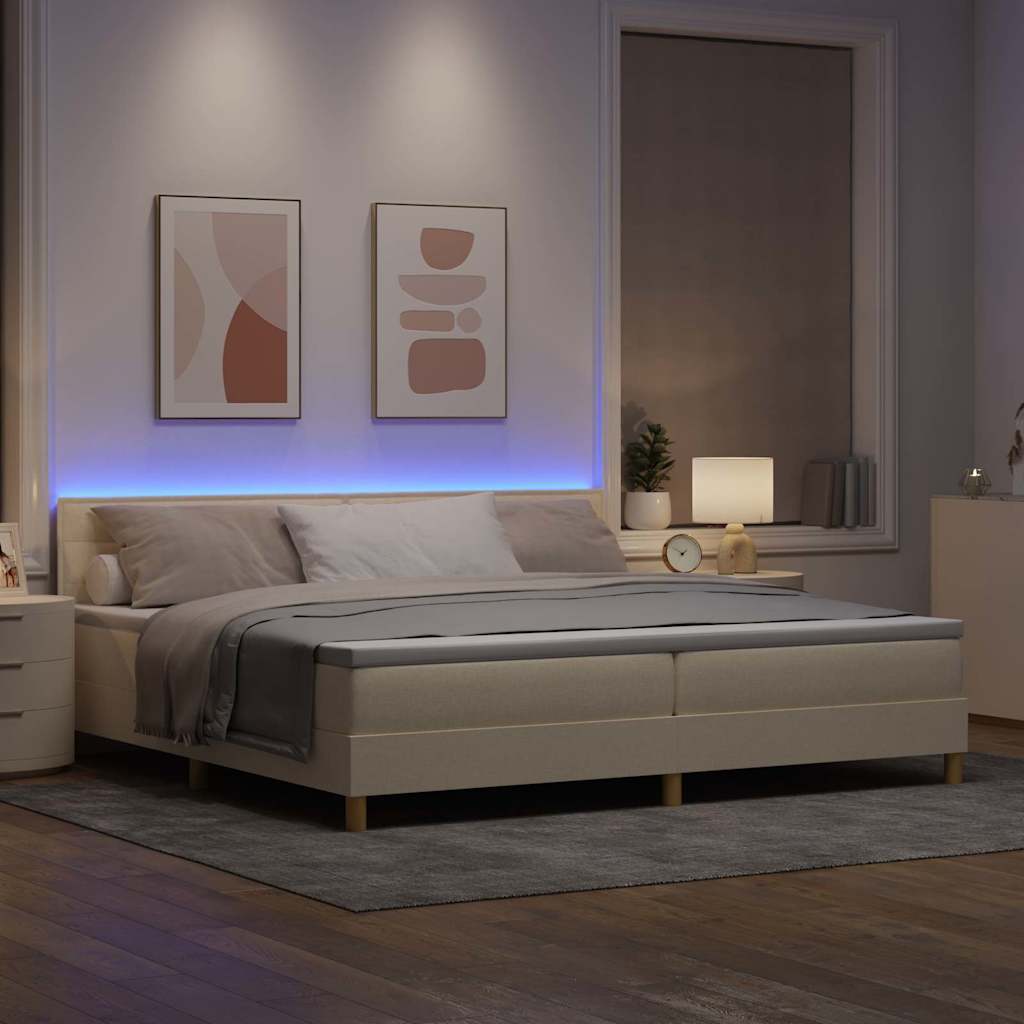 vidaXL Łóżko z sprężyną LED z paskami LED Kremowy 200 x 200 cm tkanina