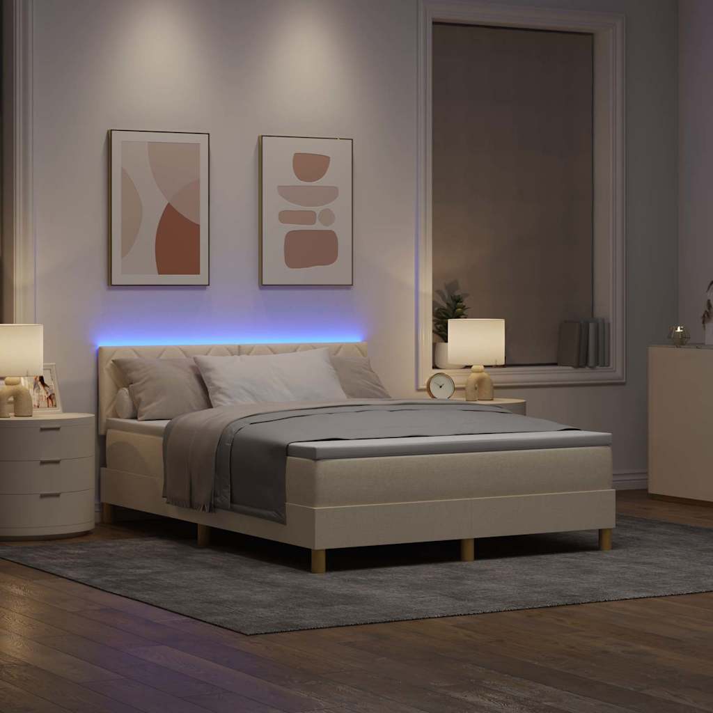 vidaXL Łóżko z sprężyną LED z paskami LED Kremowy 160 x 200 cm tkanina