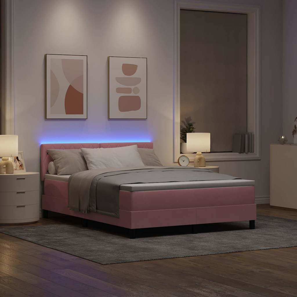 vidaXL Łóżko z sprężyną LED z materacem Różowy 140 x 190 cm Aksamit