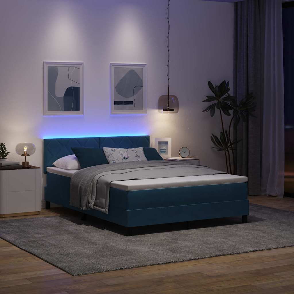 vidaXL Łóżko z sprężyną LED Ciemnoniebieski 140 x 200 cm Aksamit