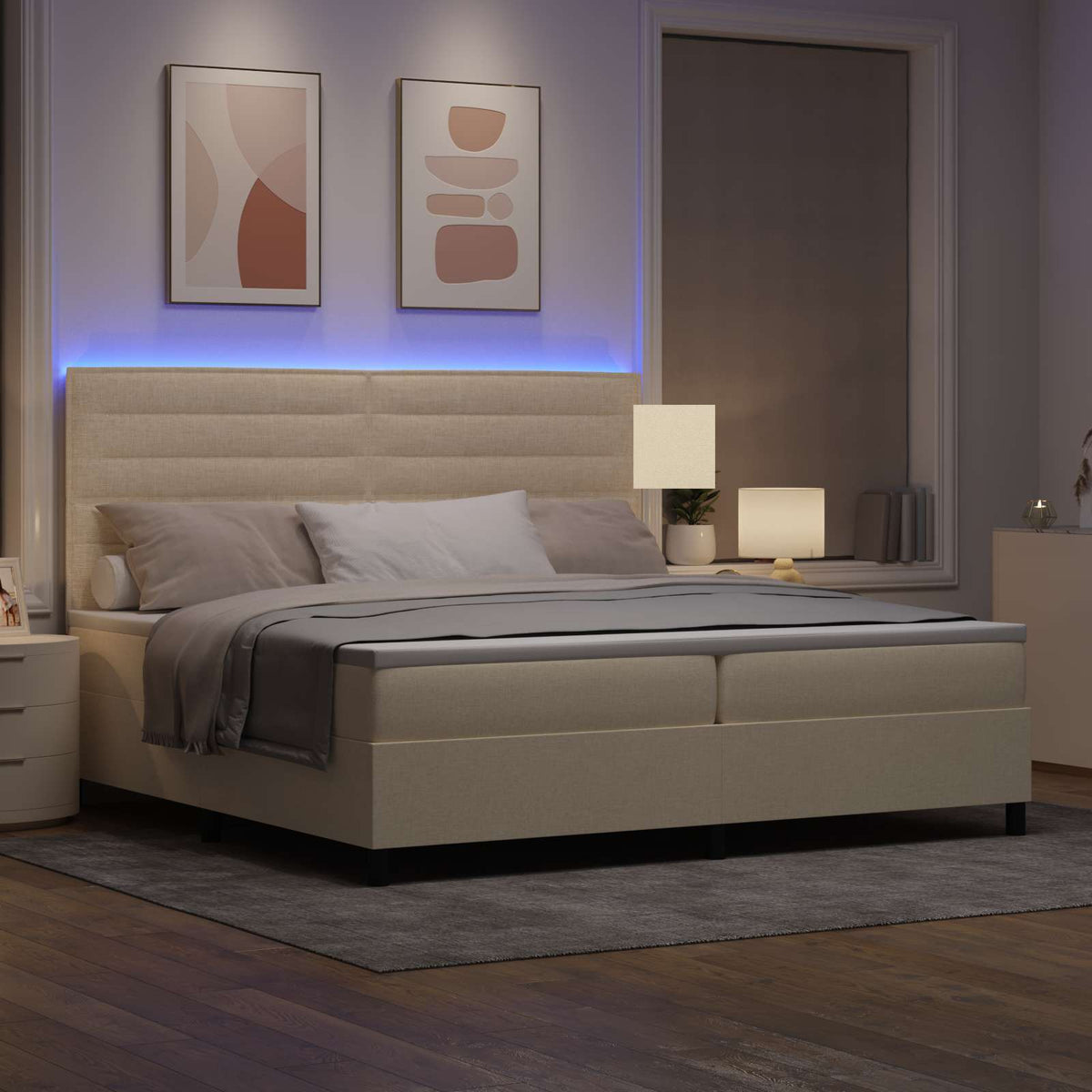 vidaXL Łóżko sprężynowe z materacem z LED Kremowy 200 x 200 cm tkanina