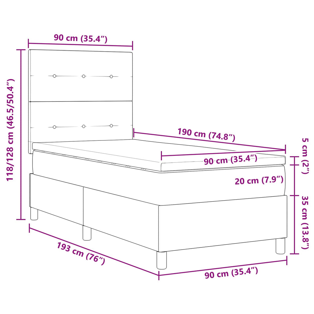 vidaXL Łóżko sprężynowe z paskami LED Niebieski 90 x 190 cm tkanina