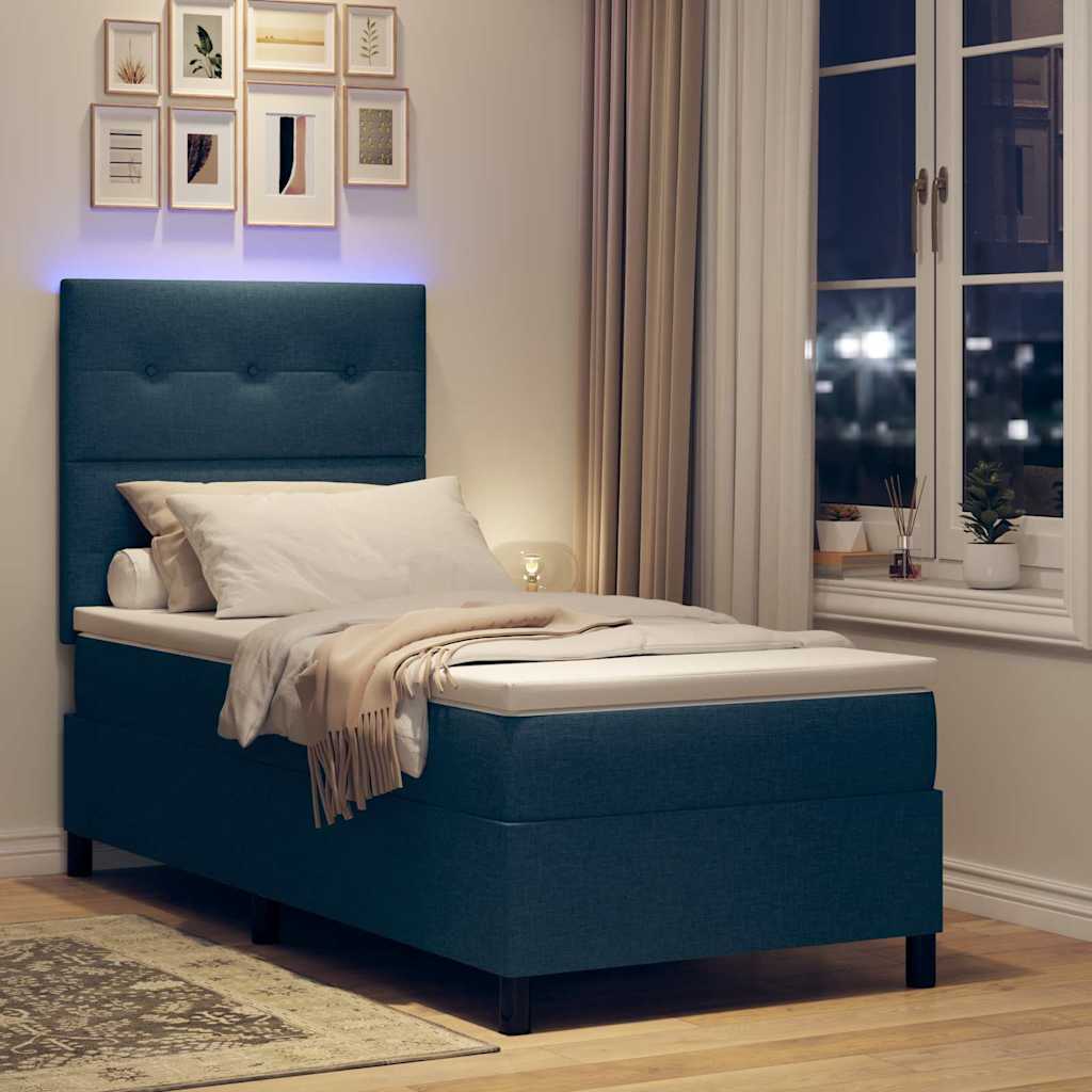 vidaXL Łóżko sprężynowe z paskami LED Niebieski 90 x 200 cm tkanina