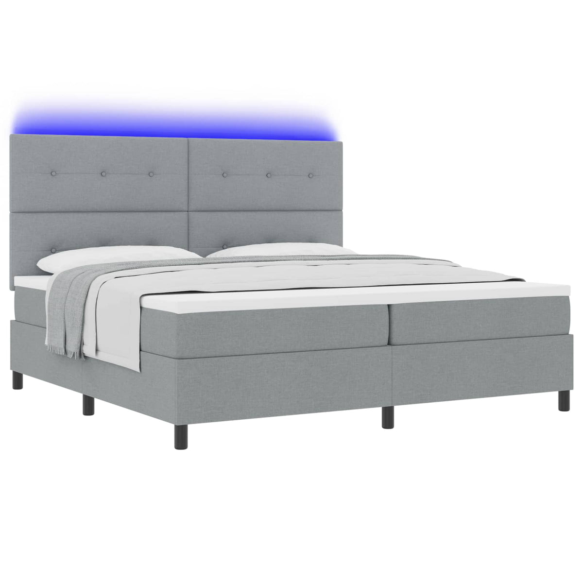 vidaXL Łóżko sprężynowe z paskami LED Jasnoszary 200 x 200 cm tkanina