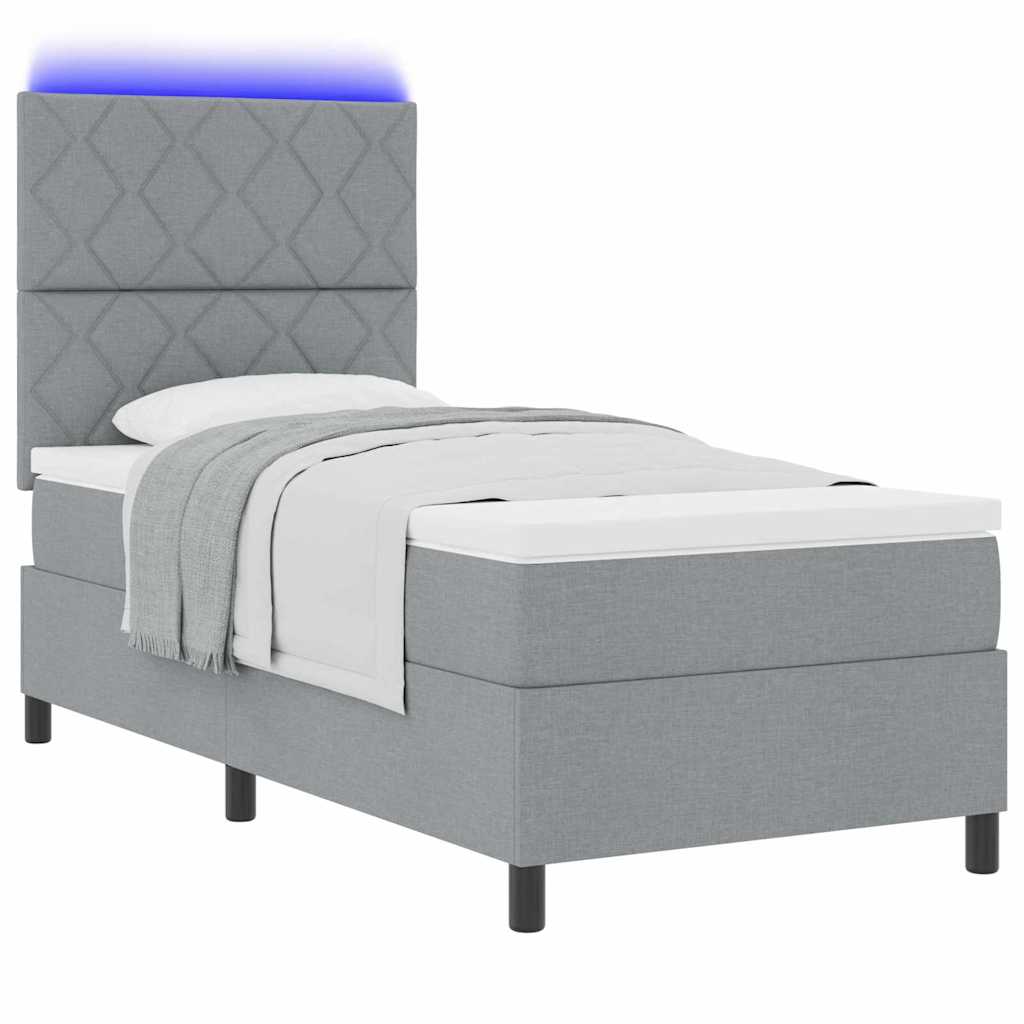 vidaXL Łóżko sprężynowe z paskami LED Jasnoszary 90 x 190 cm tkanina