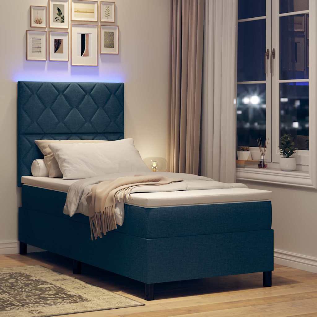 vidaXL Łóżko sprężynowe z paskami LED Niebieski 90 x 190 cm tkanina