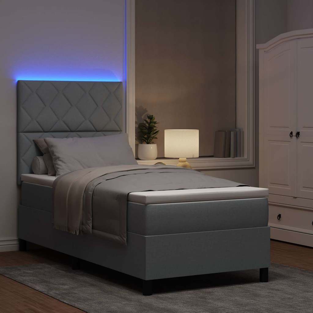 vidaXL Łóżko sprężynowe z paskami LED Jasnoszary 90 x 200 cm tkanina