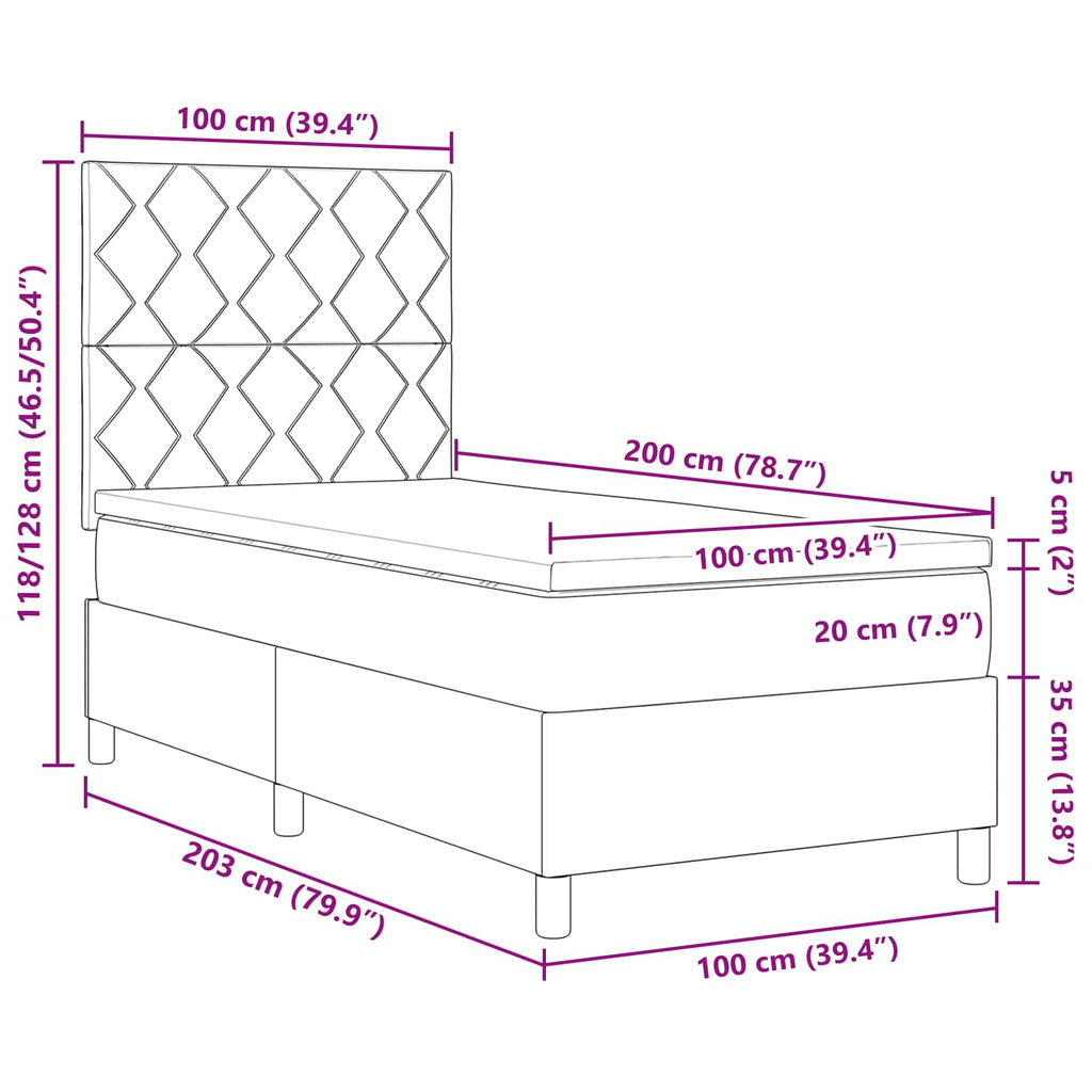 vidaXL Łóżko sprężynowe z paskami LED Ciemnoszary 100 x 200 cm tkanina