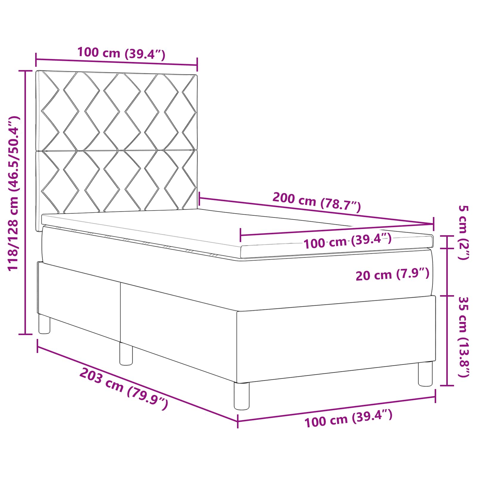 vidaXL Łóżko sprężynowe z paskami LED Ciemnoszary 100 x 200 cm tkanina