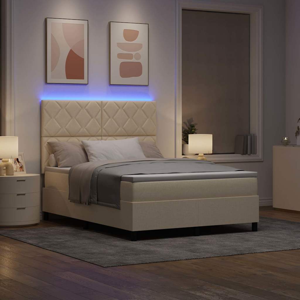 vidaXL Łóżko sprężynowe z paskami LED Kremowy 140 x 190 cm tkanina