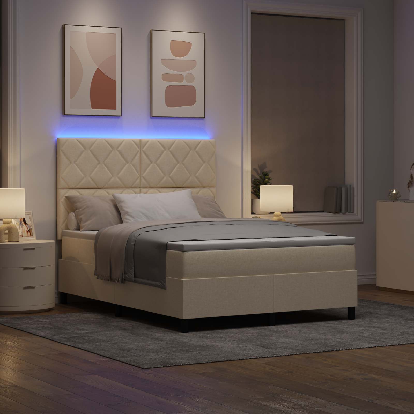 vidaXL Łóżko sprężynowe z paskami LED Kremowy 160 x 200 cm tkanina