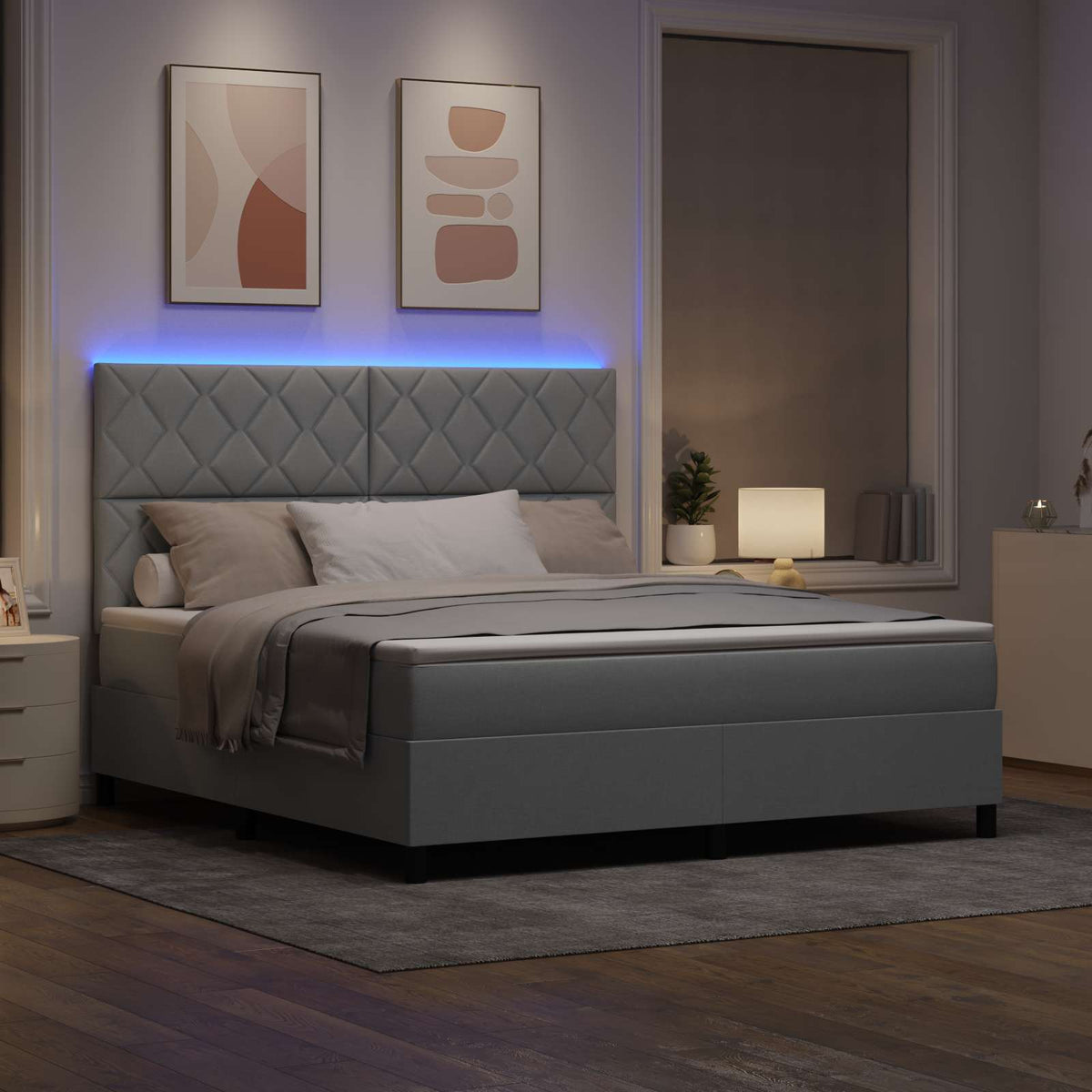 vidaXL Łóżko sprężynowe z paskami LED Jasnoszary 180 x 200 cm tkanina